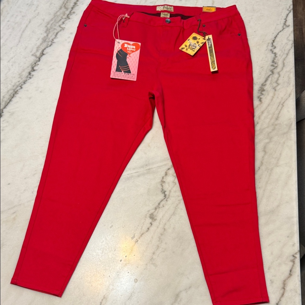 Hybrid & Company Vibrant Red Pants with Branded‎ Button